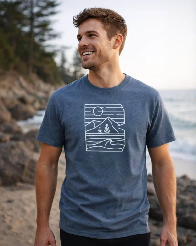 Man wearing beyond organic cotton unisex dark heather blue t-shirt front.