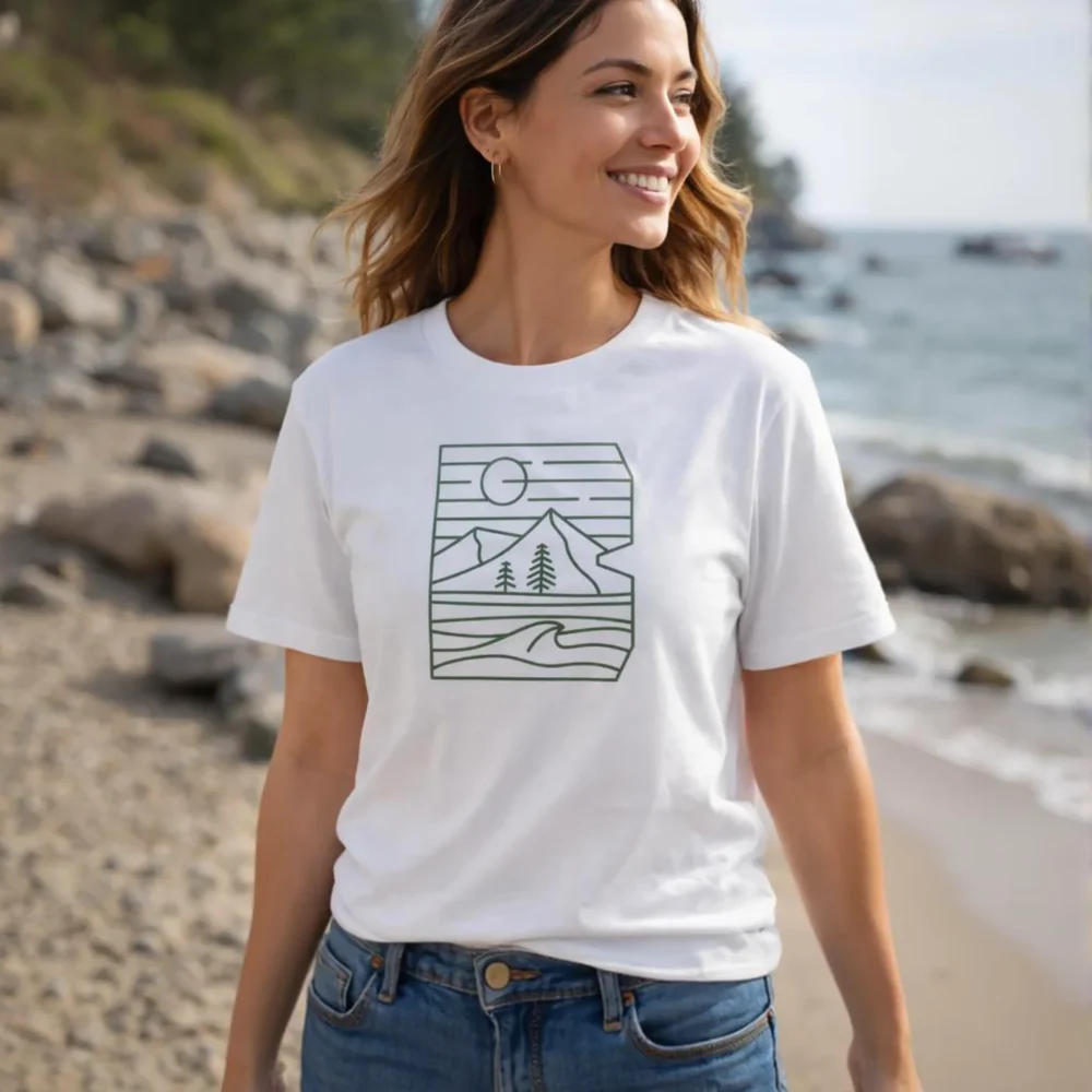 Woman wearing beyond organic cotton unisex white tshirt