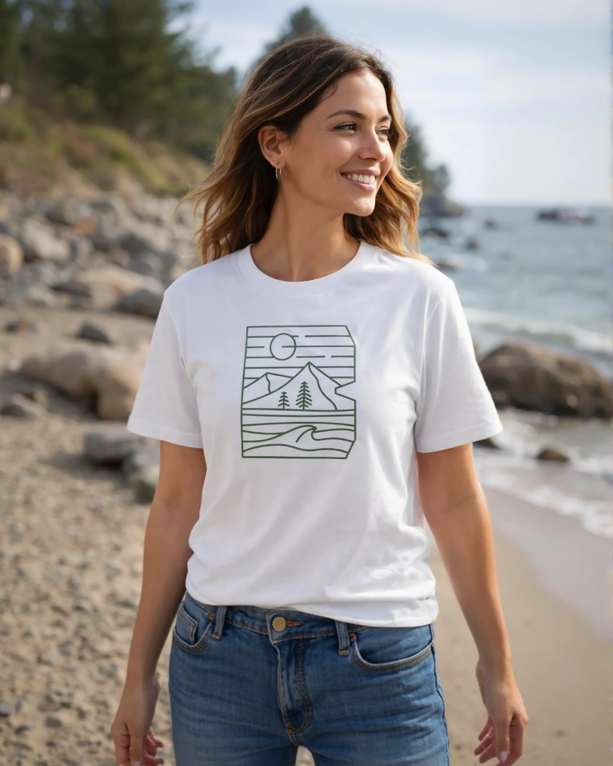 Woman wearing beyond organic cotton unisex white tshirt